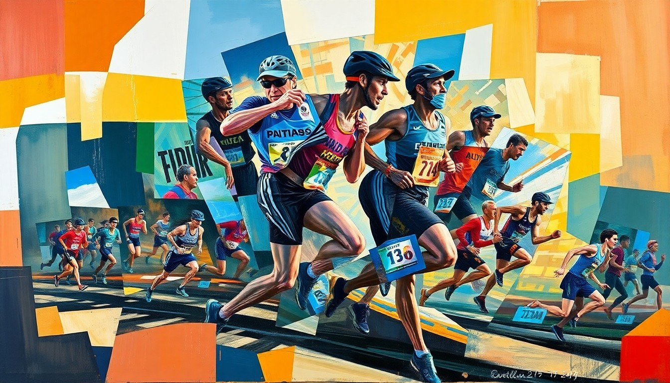 A fragmented, geometric painting depicting the dynamic movements and energy of runners competing in a 24-hour ultra running competition, with sharp, overlapping planes of color and form.