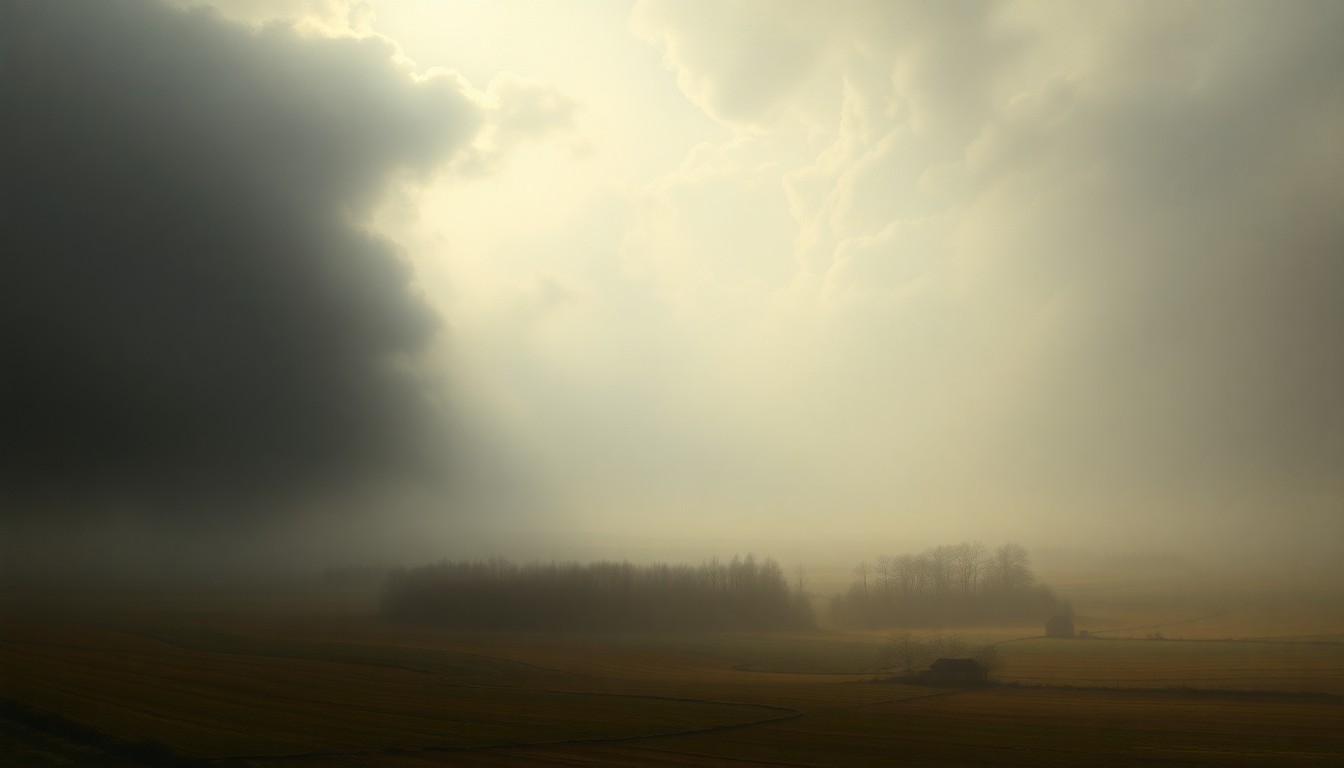 A vast, atmospheric landscape painting in muted tones of gray, blue, and white, depicting a rural scene shrouded in heavy fog and ominous clouds, conveying the sense of an impending weather change overwhelming the scale of the natural environment.