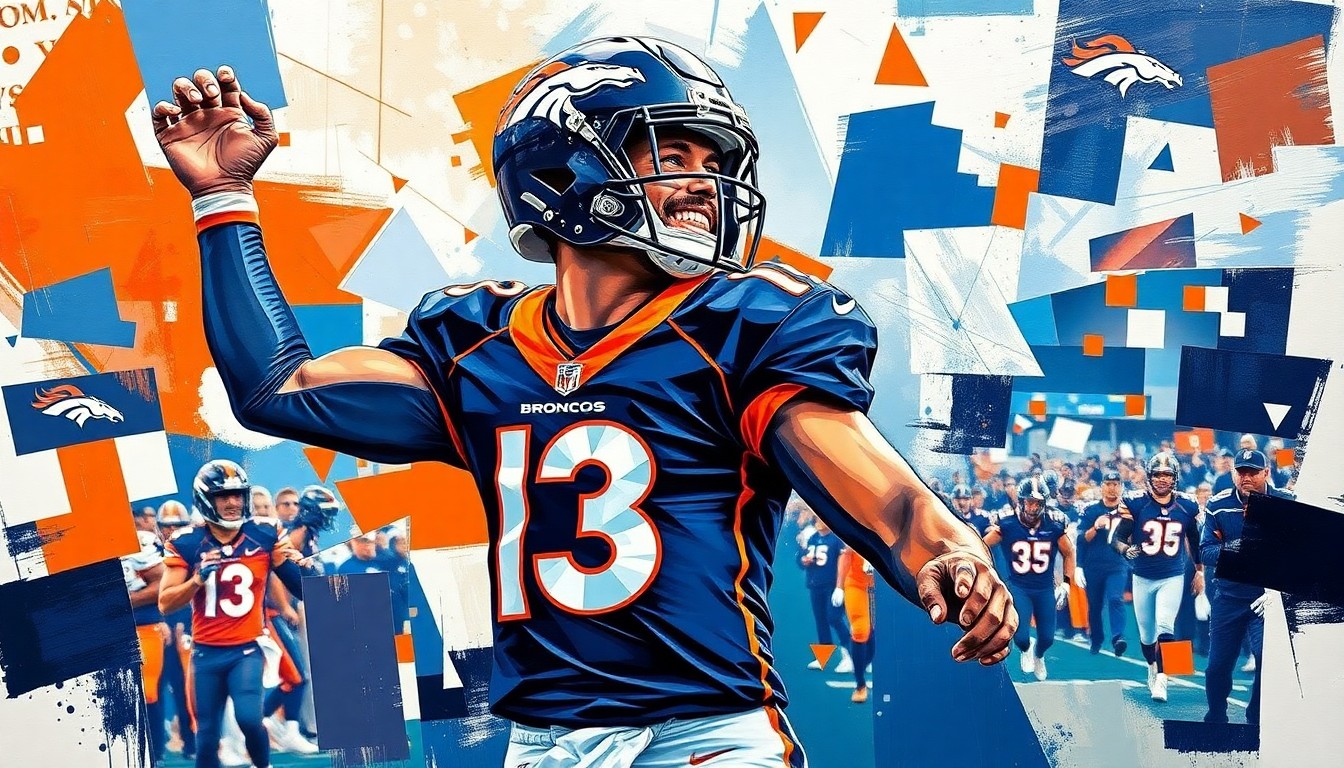 A cubist-style painting depicting a football player's celebration in the Broncos' team colors, with sharp geometric shapes and planes overlapping to create a dynamic, fragmented visual effect.