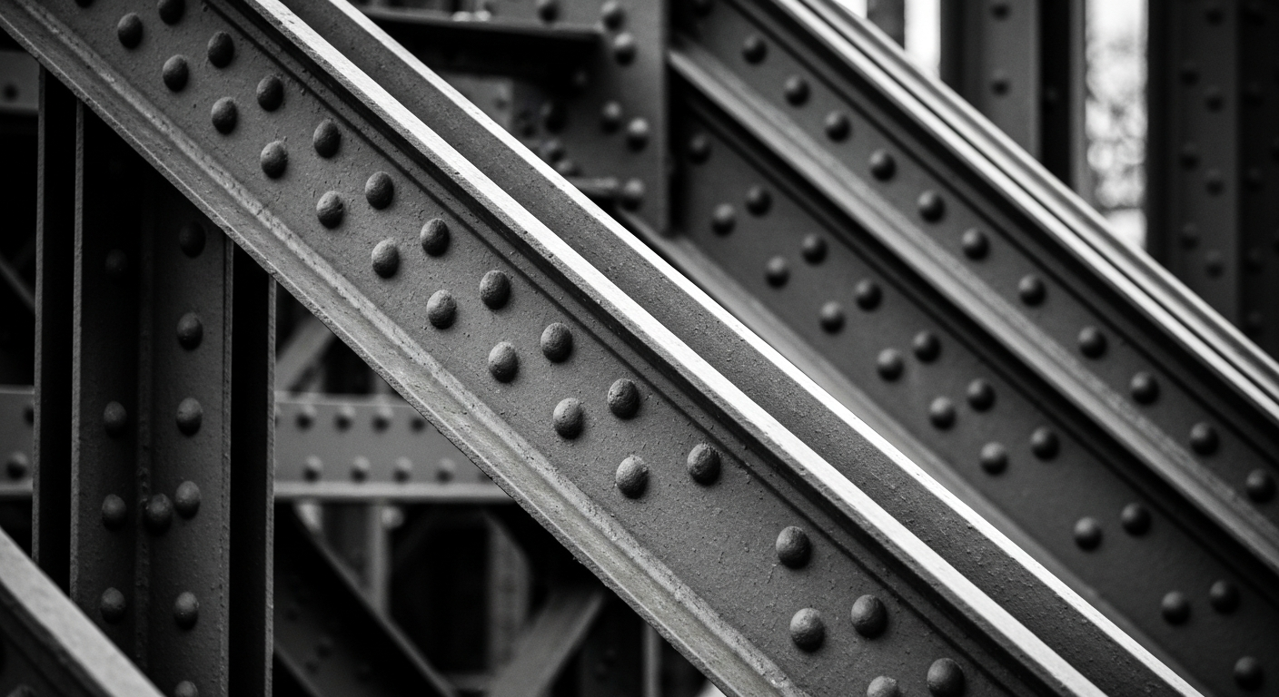 A close-up, high-contrast photograph showcasing the intricate texture and patterns of weathered steel beams, evoking the industrial heritage of Pittsburgh.