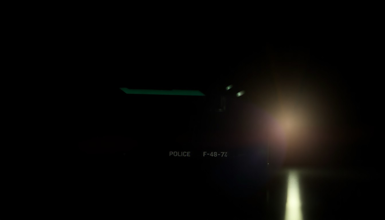 An extreme close-up photograph of a police radio or other law enforcement equipment, the harsh flash creating a stark, gritty, investigative aesthetic that conceptually represents the accidental citywide emergency alert.