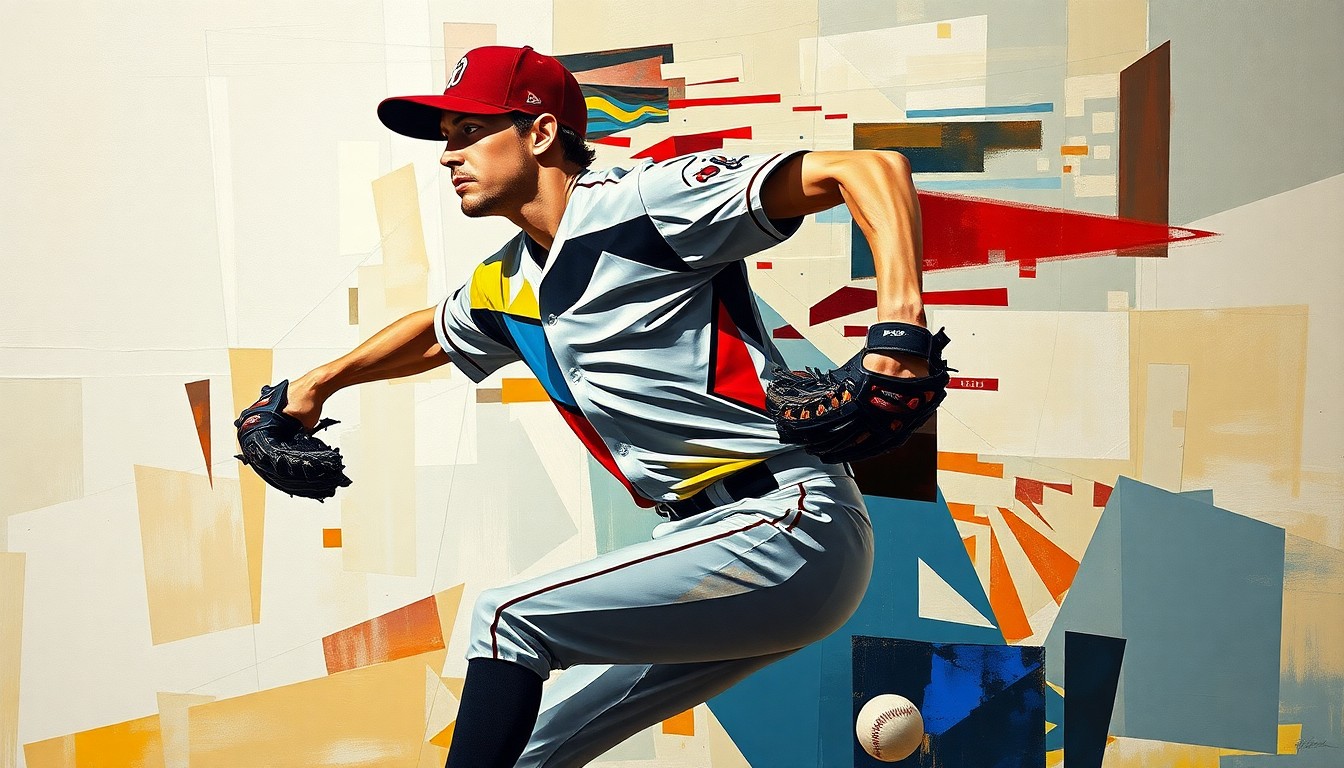 A cubist, geometric painting depicting the abstract, fragmented motion of a baseball pitcher, conveying the raw energy and dynamism of the sport.
