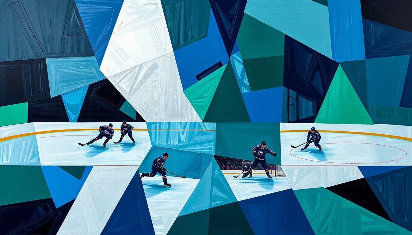 A cubist, geometric painting depicting a fragmented hockey game, with sharp planes of navy, green, and silver overlapping to create a dynamic, abstract composition.