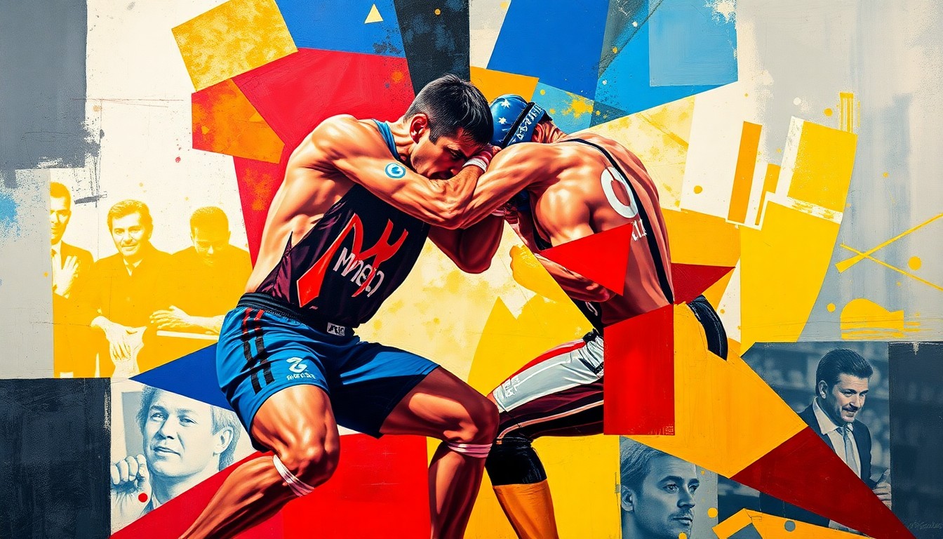 A fractured, cubist-style painting depicting the dynamic movements and intense grappling of a wrestling match, with sharp geometric shapes and planes of vivid colors representing the raw athleticism and competitive spirit of the sport.