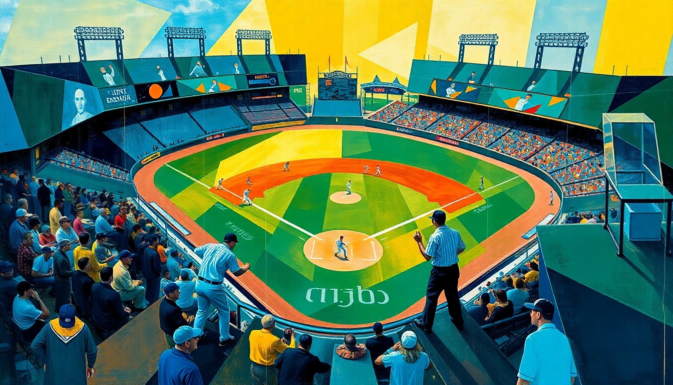 An abstract, geometric painting depicting a baseball game in progress, with the players, field, and umpires represented as fragmented, angular forms in a vibrant color palette.