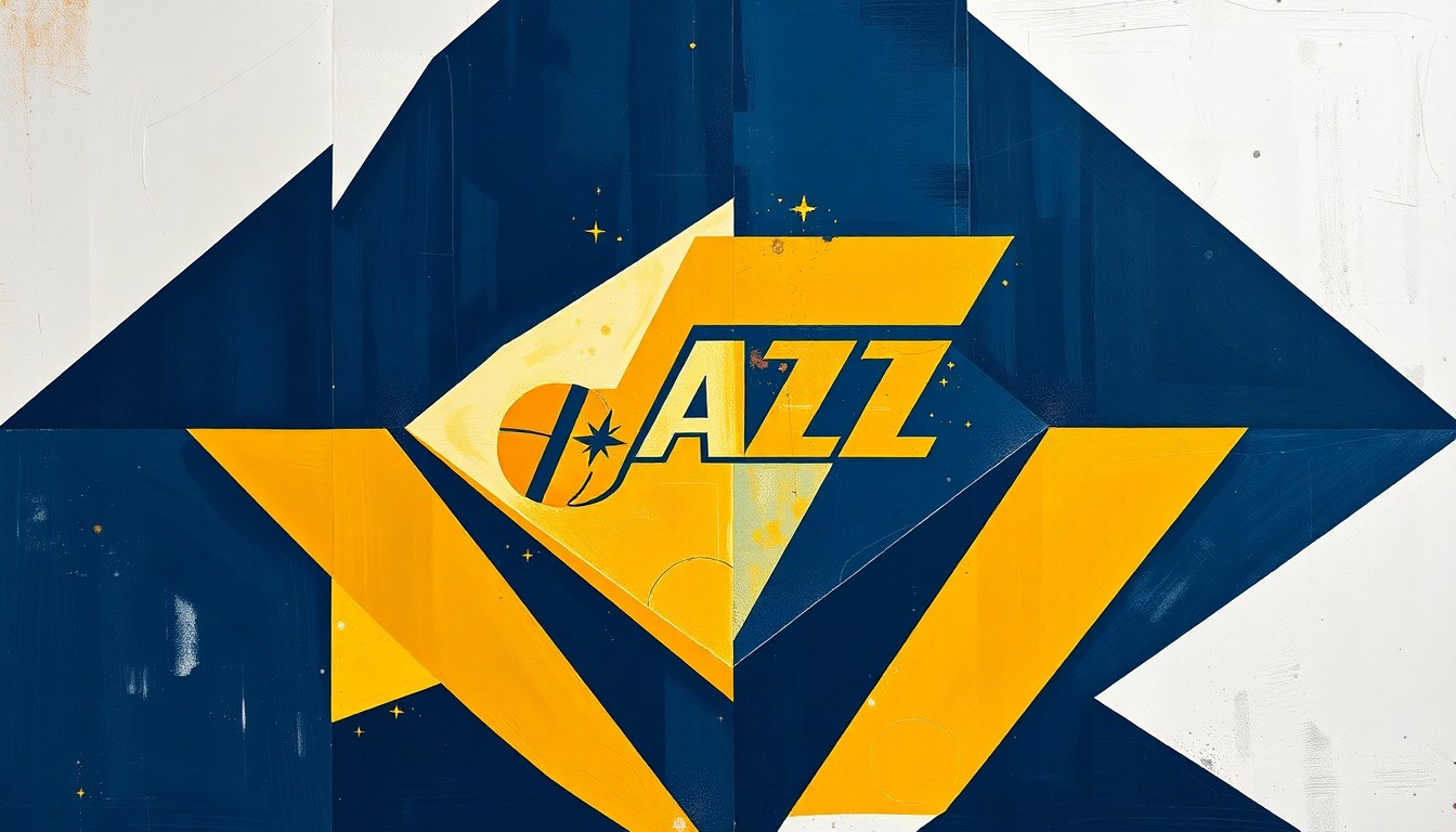 A fragmented, cubist-style painting depicting a basketball game or match, with the players and court broken down into sharp, overlapping geometric shapes in the Utah Jazz's official team colors of navy blue, gold, and white.