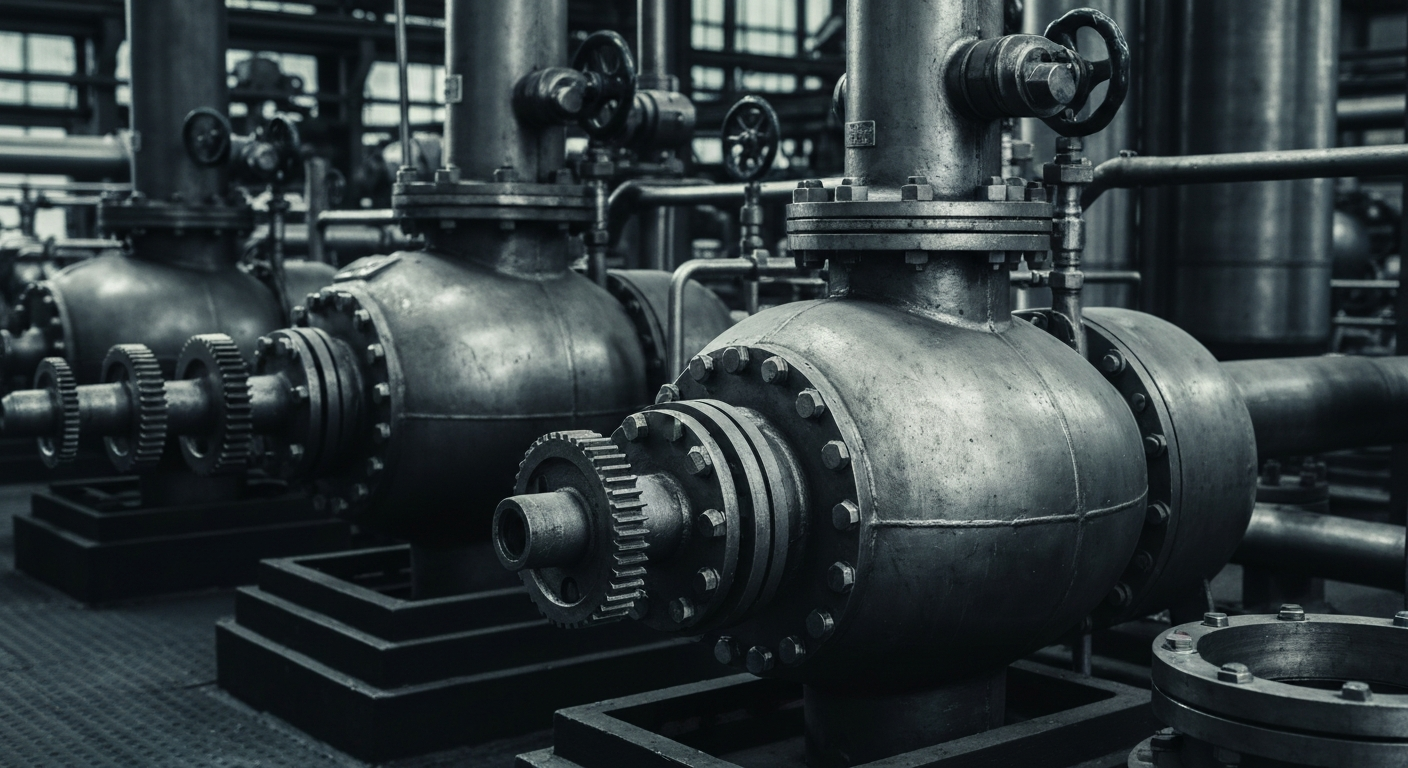 An extreme close-up photograph of the intricate, heavy machinery used in the industrial production of titanium dioxide pigments, capturing the complex, mechanical nature of Kronos Worldwide's core business.