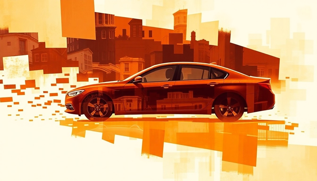 A vibrant, fractured painting depicting the silhouette of a car in motion, repeated in overlapping geometric shapes and waves of warm, earthy colors, conveying a sense of urban energy and the complex dynamics surrounding parking and housing development in the city.