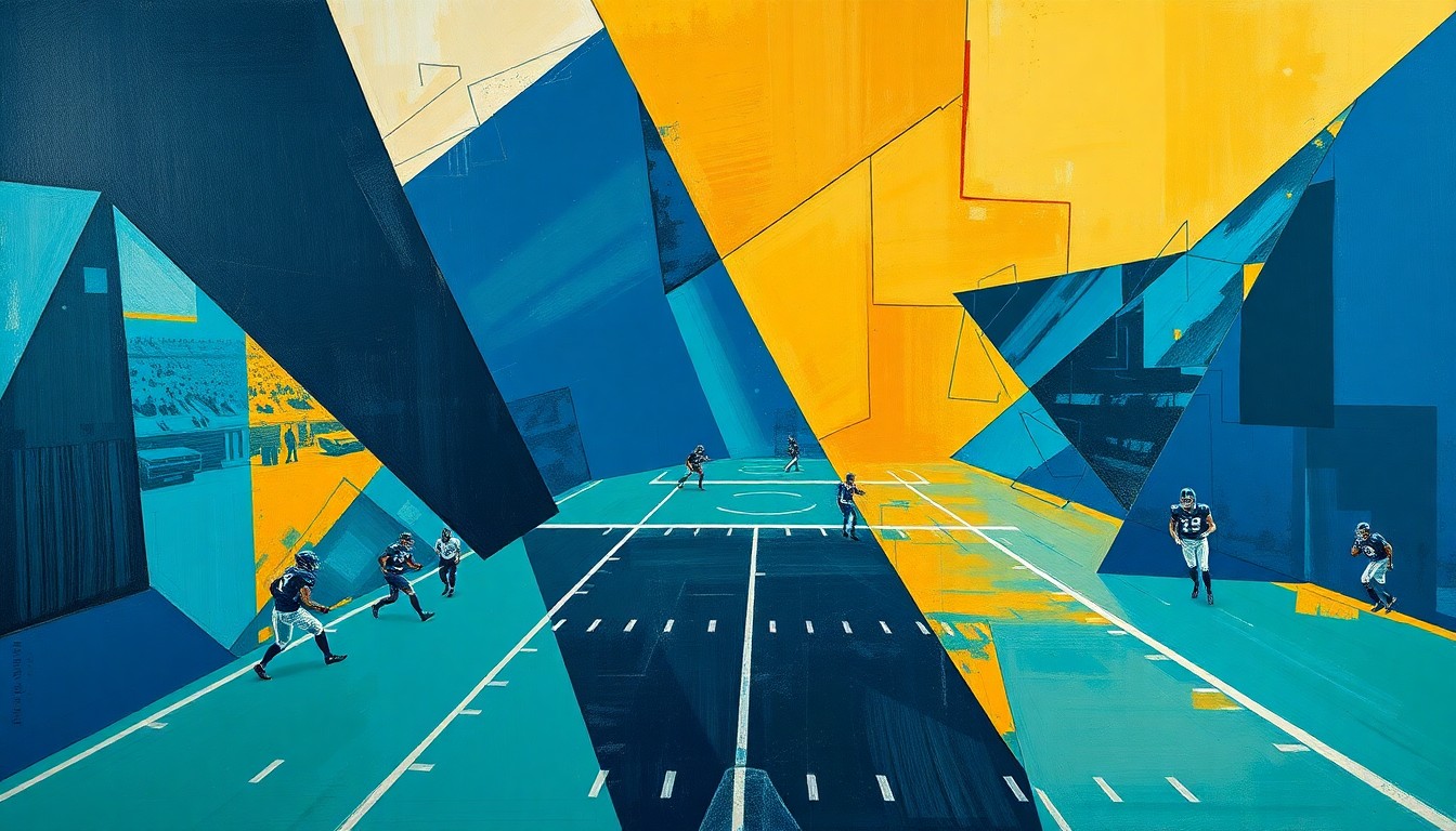 A cubist, geometric painting depicting a fragmented football game, with sharp planes of navy, teal, and gold representing the strategic battle between AFC South teams.