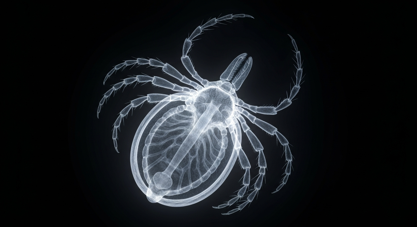 A highly detailed, translucent X-ray photograph showing the intricate internal structure of a tick, with its legs and body glowing against a dark background, conveying the clinical and scientific nature of this public health issue.