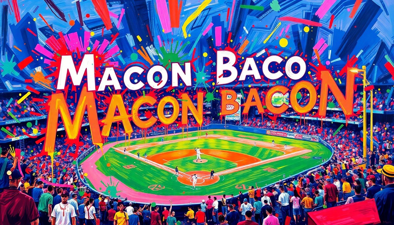 An abstract, expressionist painting in neon colors depicting the energy and excitement of a minor league baseball game, with the team name 'Macon Bacon' dissolving into vibrant brushstrokes.