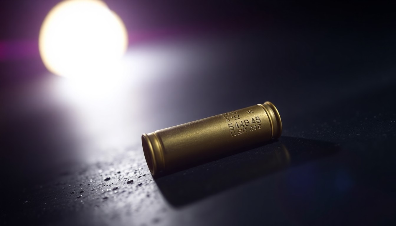 An extreme close-up photograph of a single spent shell casing on a dark surface, capturing the stark, gritty details of the crime scene evidence.