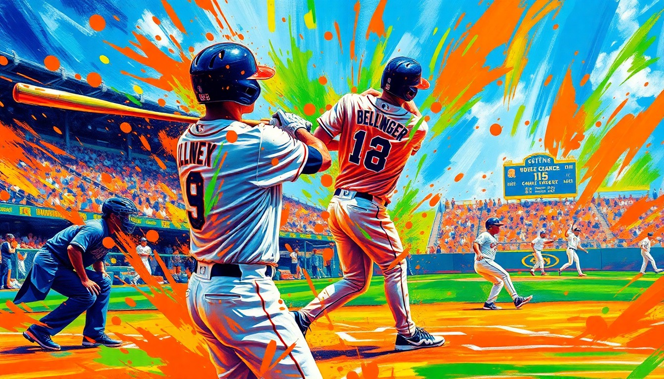 An abstract, expressionist painting featuring vibrant brushstrokes of neon colors capturing the raw energy and power of a baseball player's home run swing, with the field and players dissolved into unrecognizable splatters of paint.