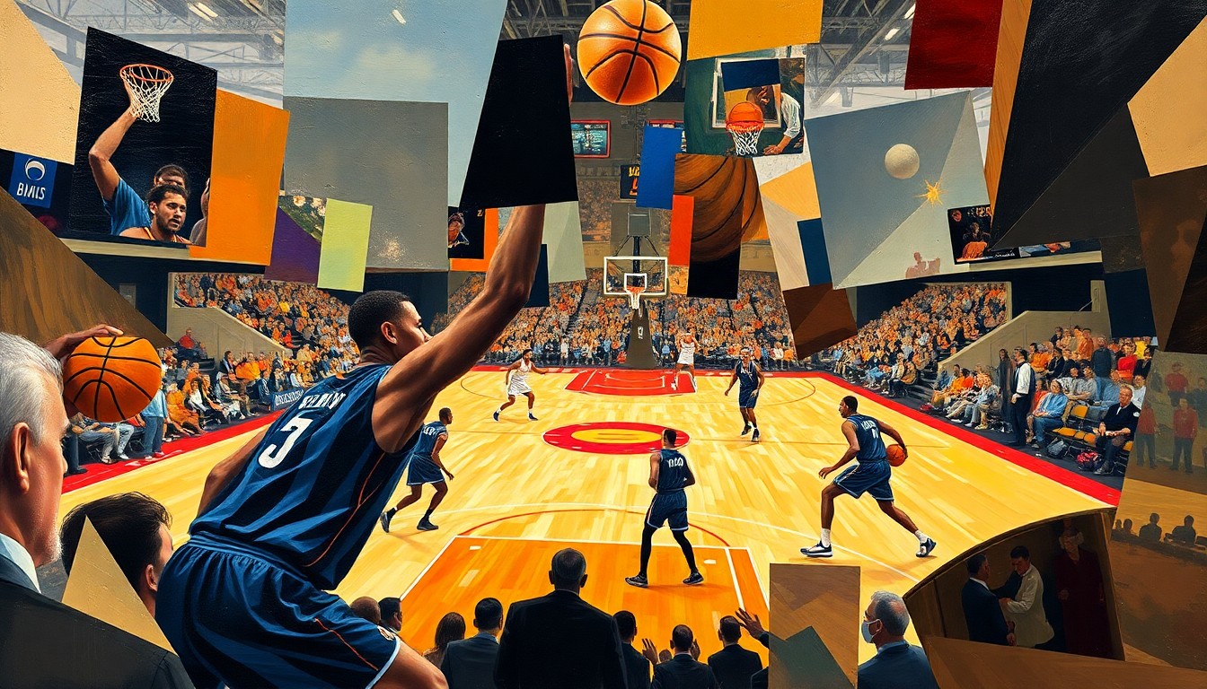 A cubist, geometric painting depicting a basketball game in abstract, overlapping shapes and planes of color, with the players' forms deconstructed into fragmented geometric forms.