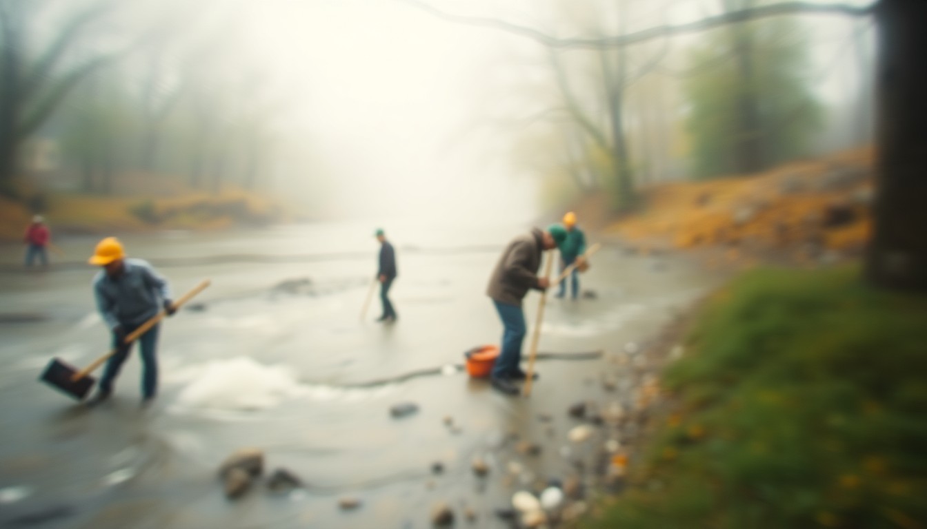 An impressionistic, out-of-focus photograph depicting volunteers working along the banks of the Genesee River, with the flowing water and surrounding greenery visible in soft, hazy pools of warm color.