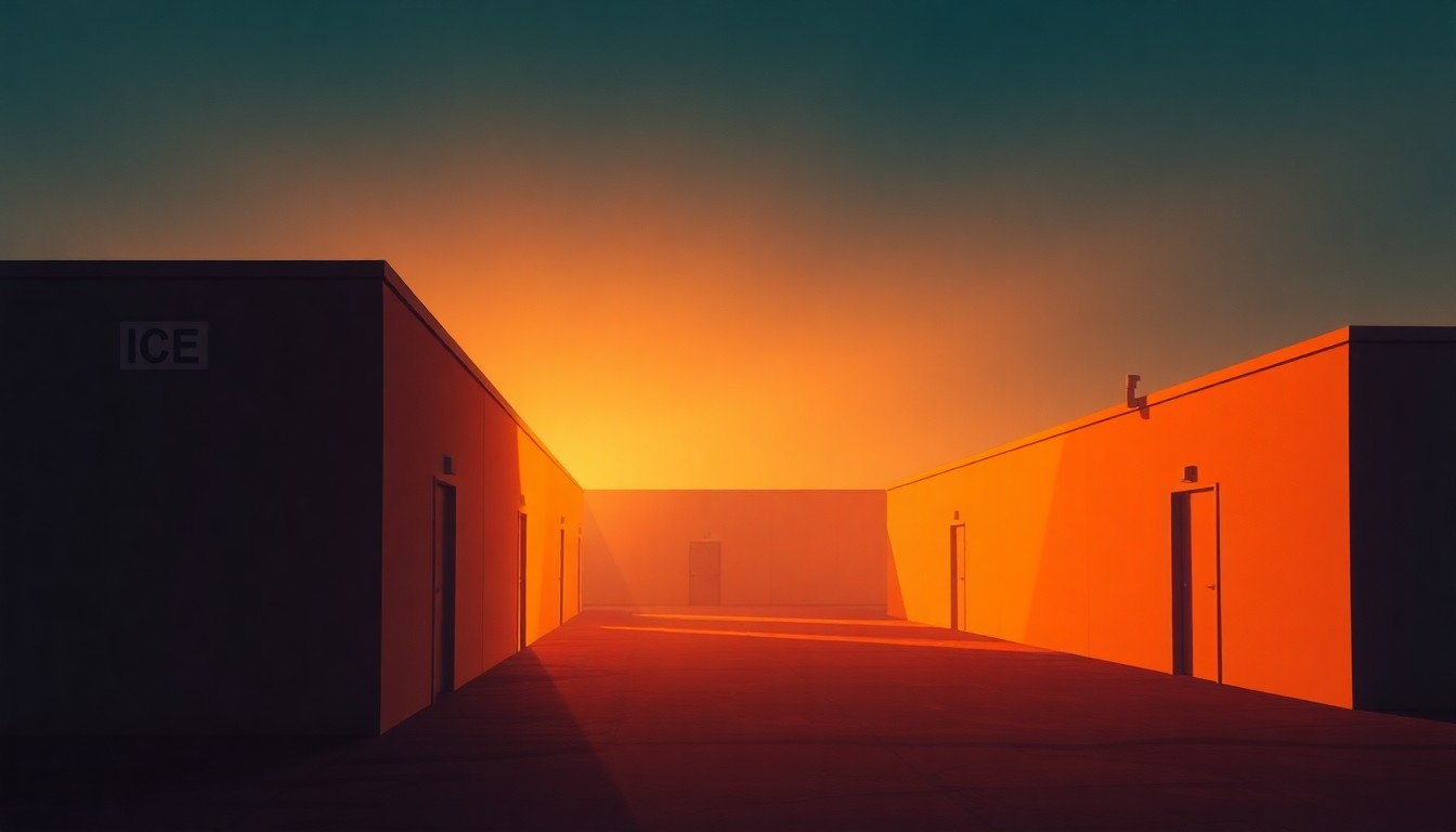 A serene, photorealistic painting of a nondescript ICE detention facility, with the building bathed in warm, golden light and long shadows, conveying a sense of quiet melancholy and the human impact of the agency's policies.