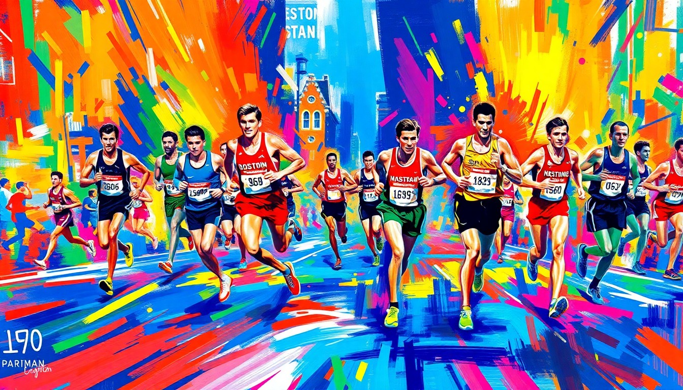 An abstract, expressionist painting featuring bold, energetic brushstrokes in neon shades of blue, green, and red, conveying the intense physical and emotional experience of running the Boston Marathon.