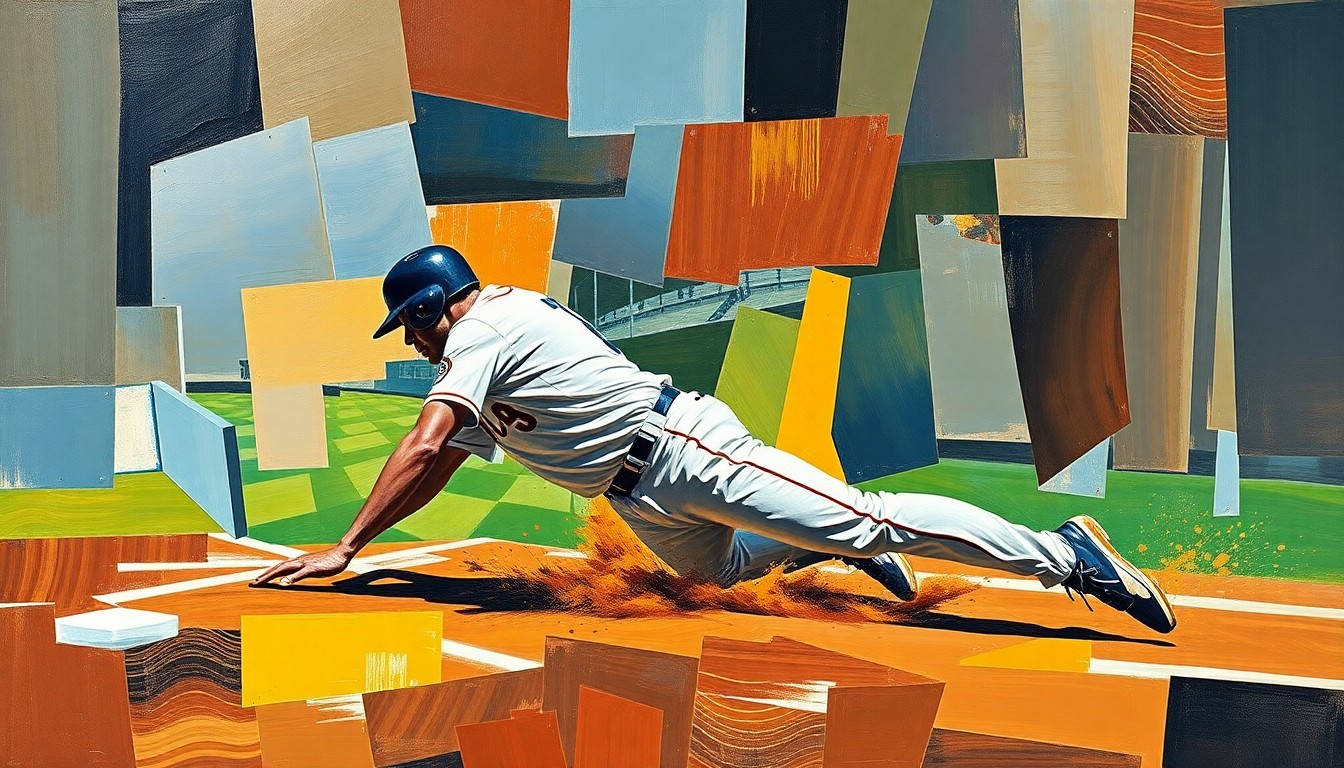 A fragmented, geometric painting depicting a baseball player sliding into third base, with the player's body and the base broken down into sharp, overlapping planes of color and shape.