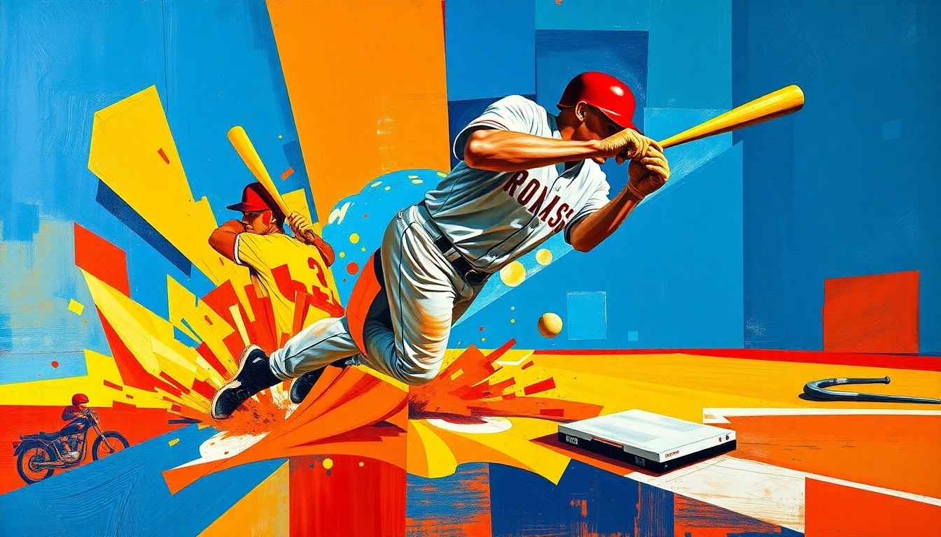 A fragmented, geometric painting depicting the dynamic motion of a baseball player in action, with sharp planes of vivid colors like blue, red, and yellow.