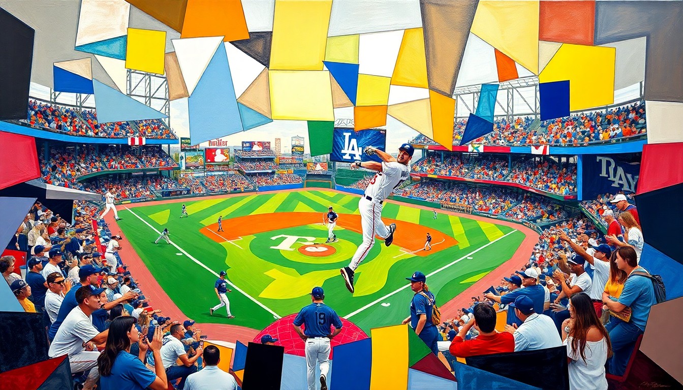 A cubist, geometric painting depicting a baseball player in motion, with sharp, overlapping planes of blue, white, and red representing the Dodgers and Rays colors.