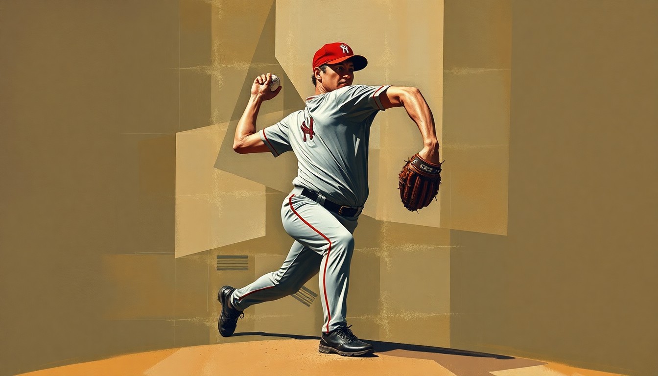 A fractured, multi-perspective painting depicting a baseball pitcher's windup and delivery broken down into sharp, overlapping geometric planes in muted earth tones, conceptually representing the early struggles of Giants pitcher Adrian Houser.