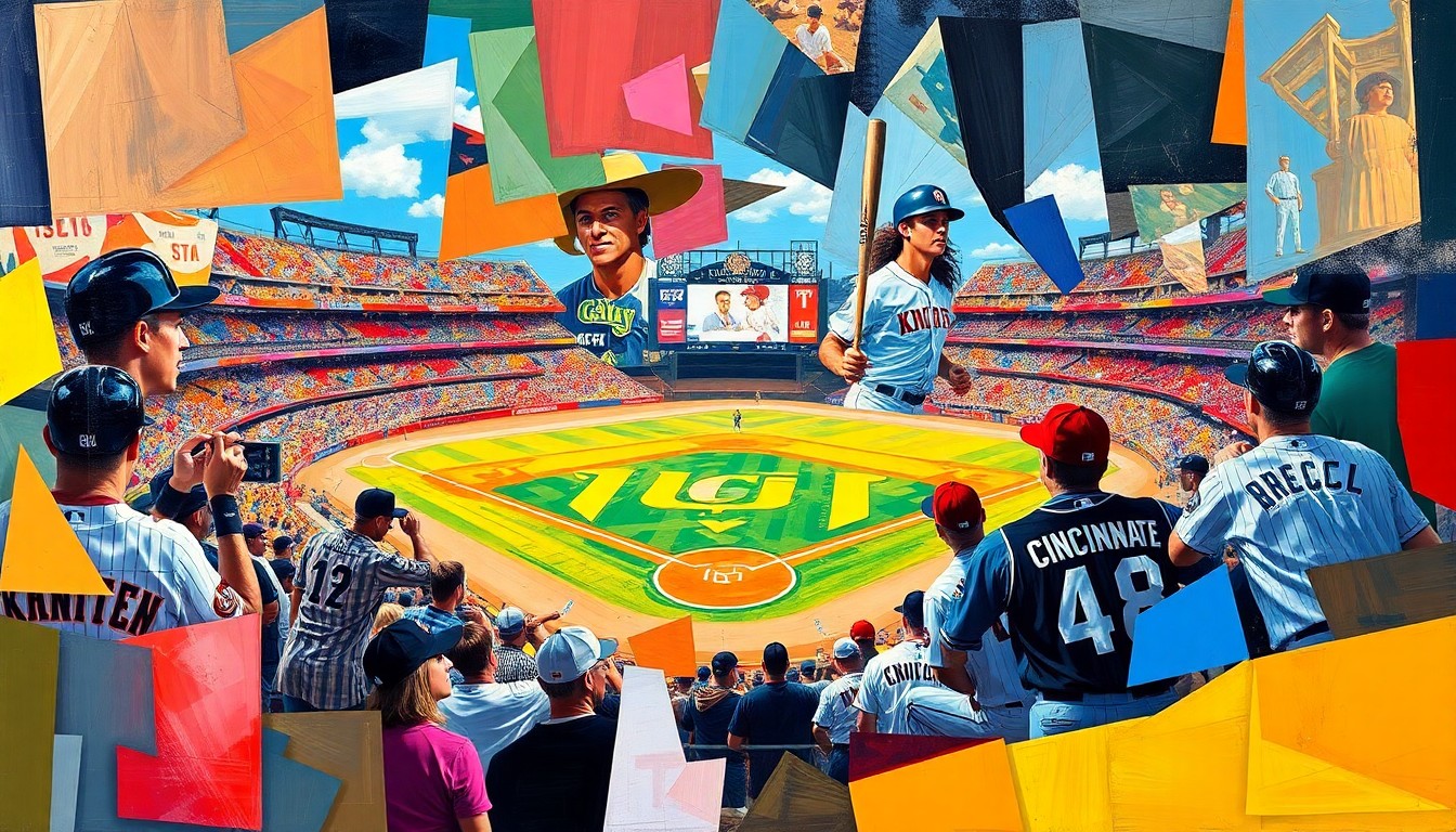 A cubist-style painting featuring fragmented geometric shapes in the colors of the UCF Knights and Cincinnati uniforms, representing the dynamic action of a baseball game between the two teams.