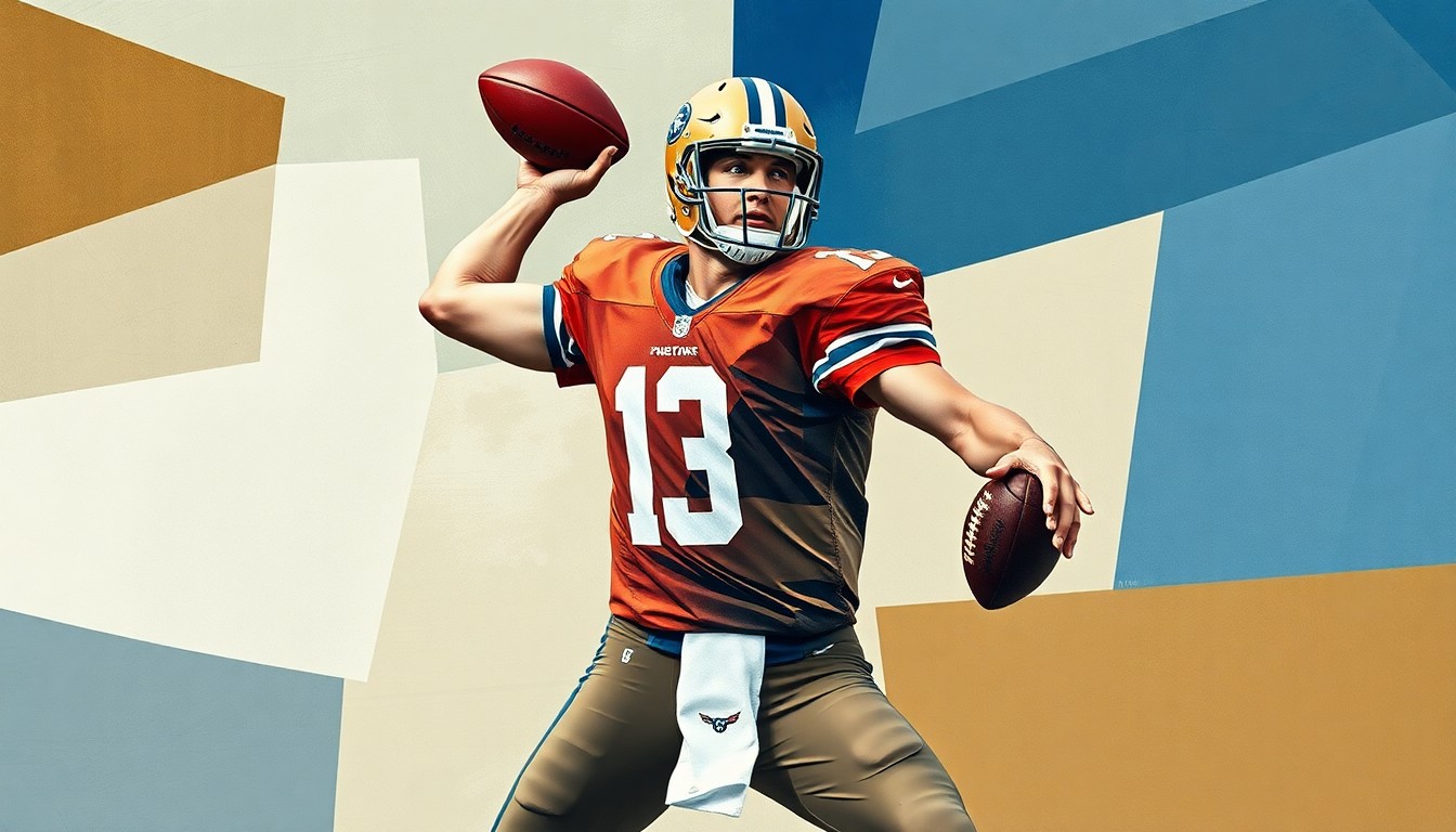 A cubist, geometric painting depicting a football quarterback in the act of throwing, with the player's body and the ball broken down into abstract shapes and planes of muted earth tones and deep blues.