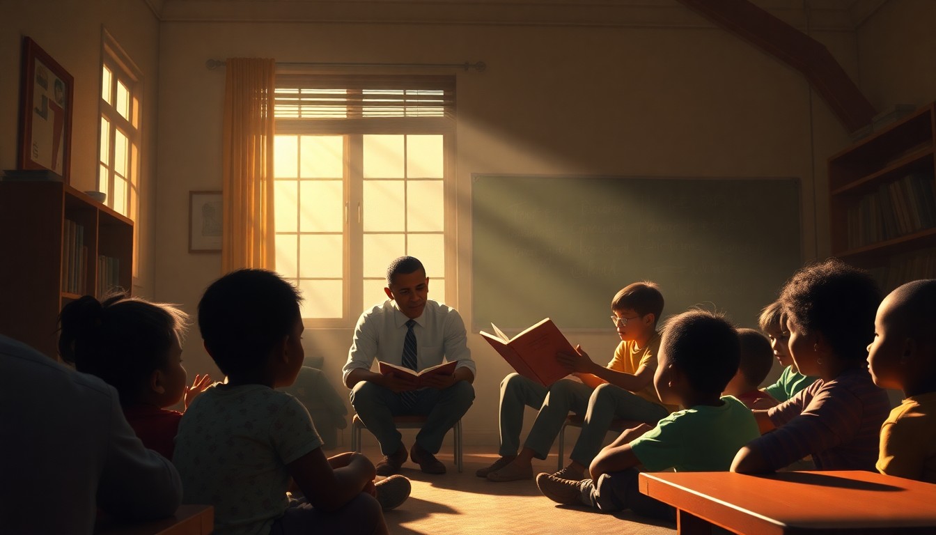 A warm, cinematic painting of two men reading to a group of young children in a sunlit classroom, the scene bathed in deep shadows and muted colors, capturing the quiet, thoughtful mood of the event.