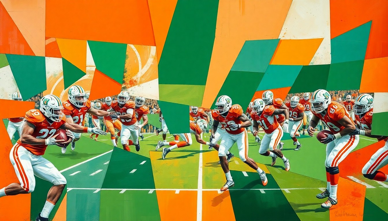 A fragmented, geometric painting in shades of orange, green, and white, depicting abstracted football players in motion, capturing the energy and dynamism of the sport.