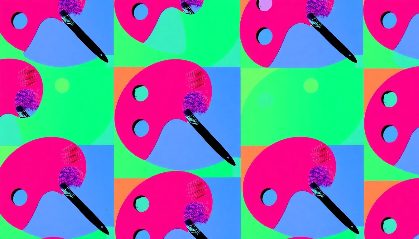 A bold, colorful silkscreen-style illustration featuring a repeating pattern of paintbrushes and palettes in neon shades, capturing the playful, artistic energy of a community art event.