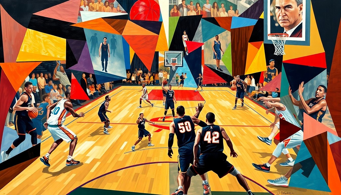 A cubist, geometric painting depicting the intense action of a basketball game, with the players' forms broken down into angular, colorful shapes that capture the energy and movement of the playoff contest.