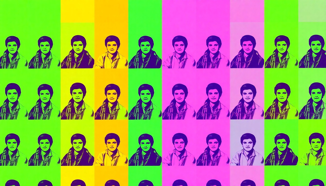 A brightly colored, high-contrast silkscreen print of a vintage family photo album cover, with the image repeated in a tight grid pattern in bold neon hues and heavy black outlines, conceptually representing the Whaley family's rediscovered history and connections across generations.