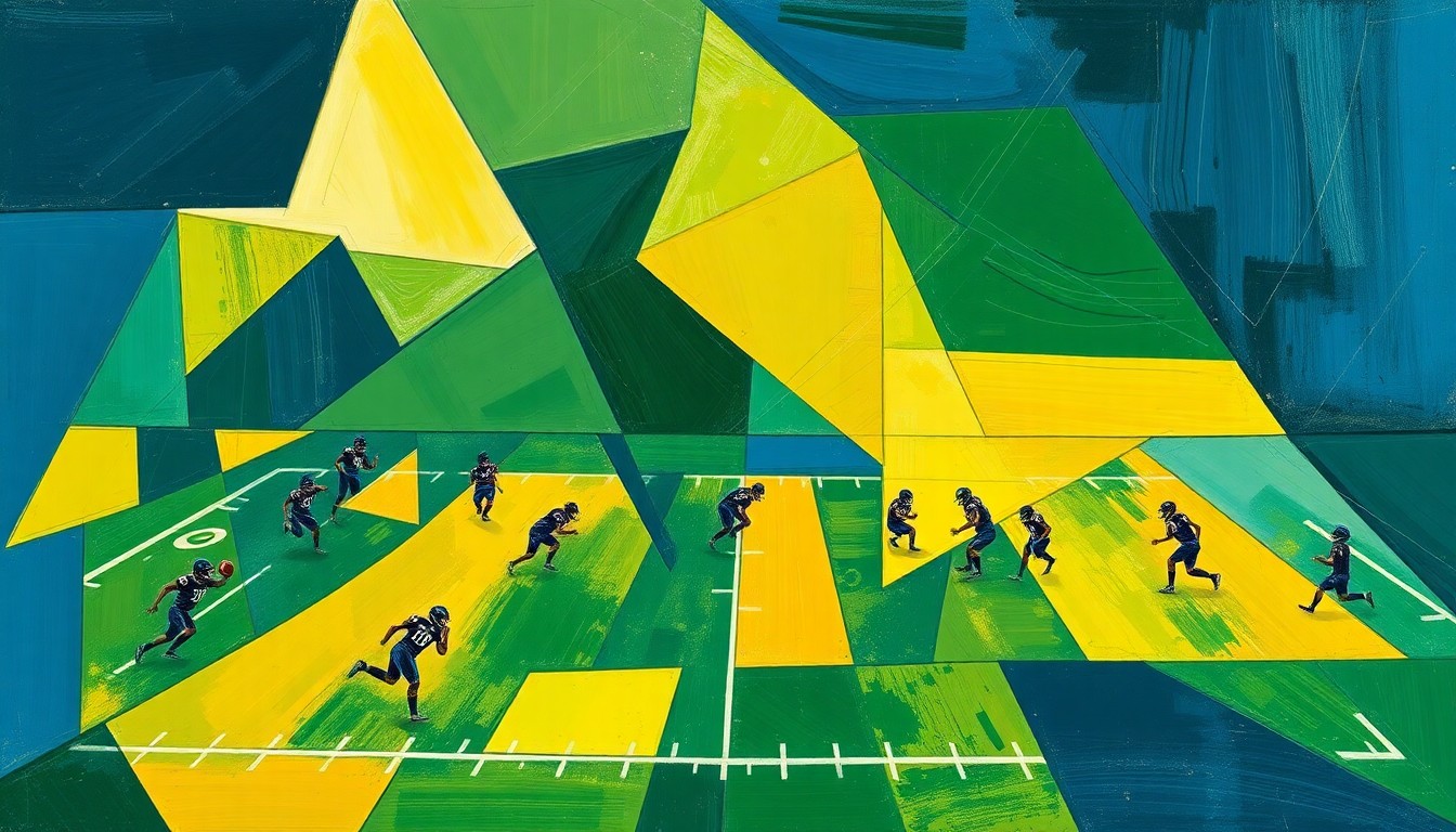A fragmented, multi-angled painting depicting a high school football scene, with the players and field broken down into sharp, overlapping geometric shapes in a palette of navy, green, and gold, capturing the dynamic movement and intensity of the sport.