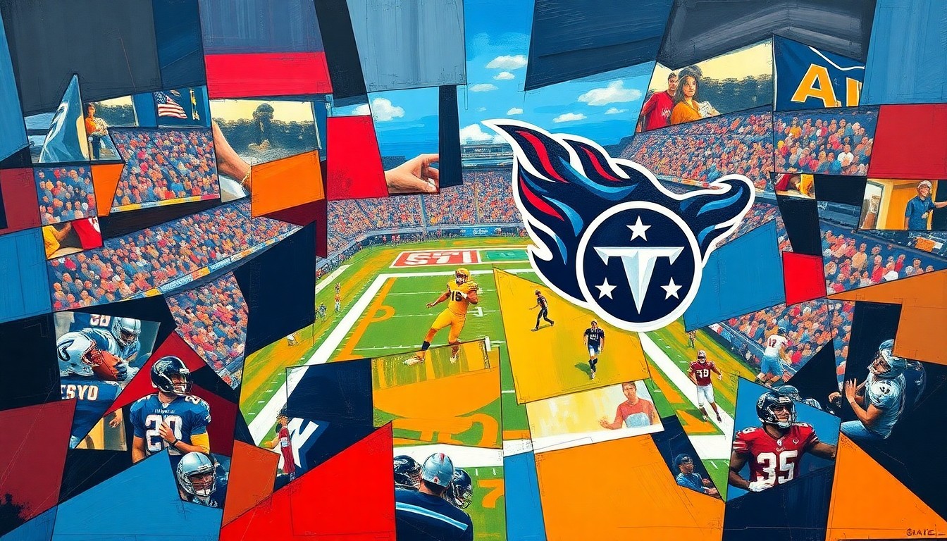 A cubist, geometric painting depicting an abstract football scene, with sharp planes of navy blue, red, and gold representing the Tennessee Titans' team colors and the fractured, multi-perspective nature of the NFL Draft process.