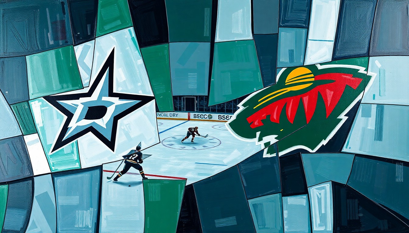 A cubist, geometric painting depicting a hockey game or match between the Dallas Stars and Minnesota Wild, with the players and action broken down into sharp, overlapping planes of color and shape.