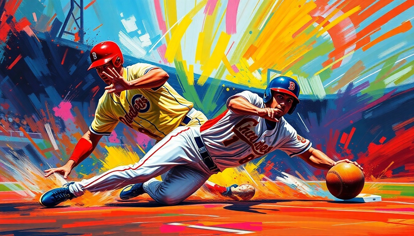 An abstract, energetic painting featuring a baseball player sliding into a base, with vibrant neon brushstrokes and dynamic movement capturing the raw athleticism of the sport.
