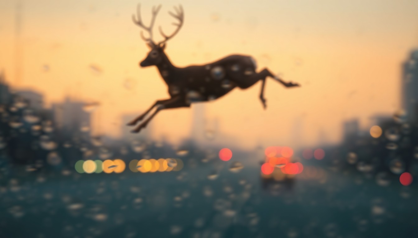 An abstract, softly focused image depicting the blurred outline of a deer mid-leap against a backdrop of warm, hazy city lights, conveying the sudden and shocking nature of the collision.
