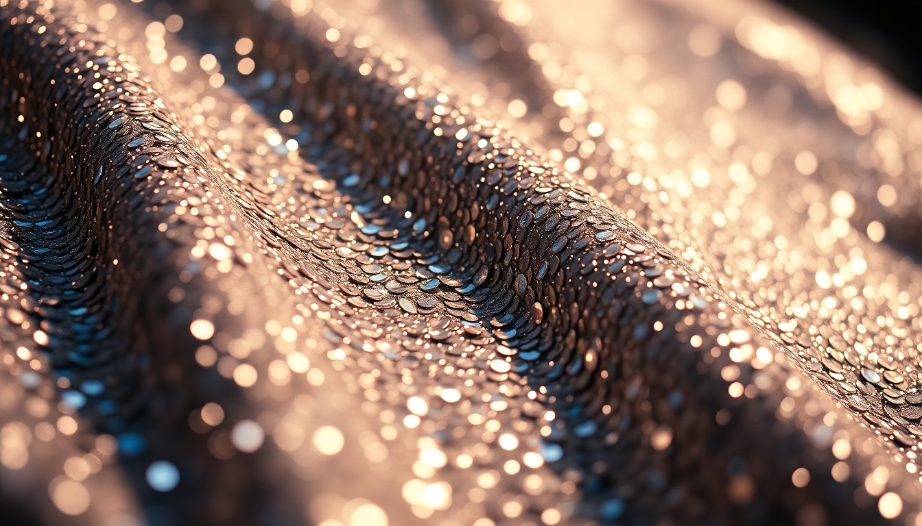 An extreme close-up of shimmering, glittering sequins captured in dramatic, high-contrast studio lighting, conceptually representing the glamour and luxury associated with celebrity culture.