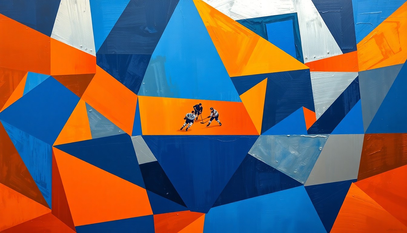 A fragmented, multi-angled painting depicting a hockey game, with the players and action broken down into sharp, overlapping geometric shapes in a palette of deep blue, bright orange, and metallic silver, conveying the uncertainty and anticipation surrounding the Oilers' lineup as they prepare for the postseason.