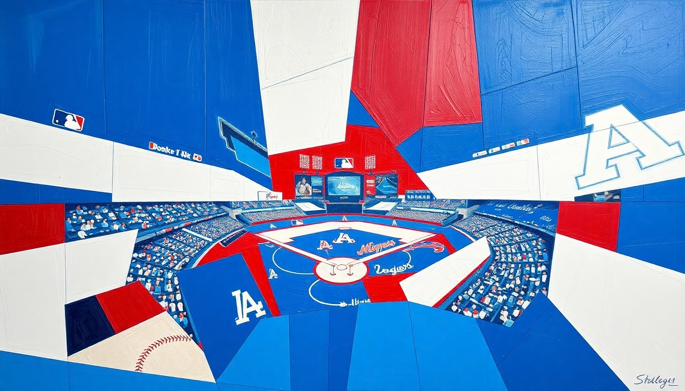 A cubist, geometric painting depicting a fragmented baseball game, with sharp planes of blue, white, and red representing the dynamic action on the field.