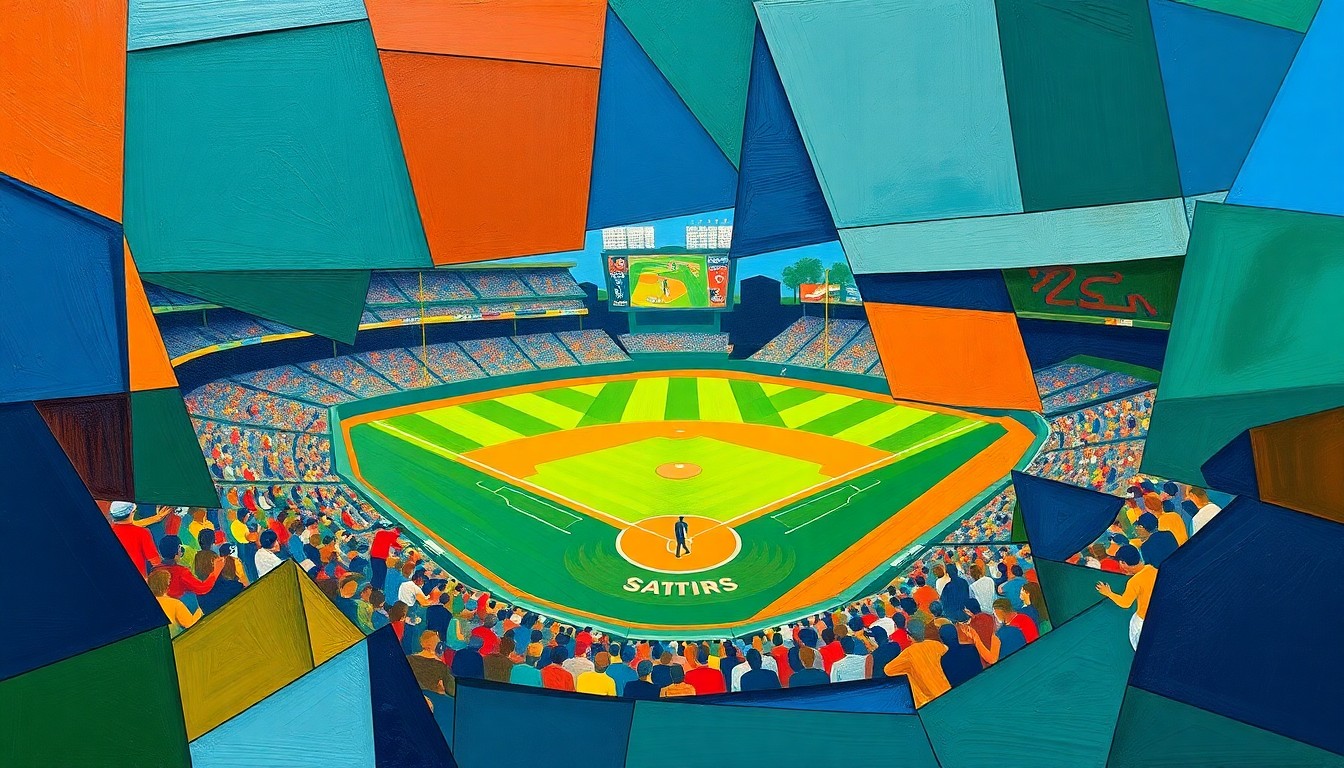 A cubist-style painting depicting a baseball game, with the players and field broken down into sharp, overlapping geometric shapes in shades of blue, green, and orange.