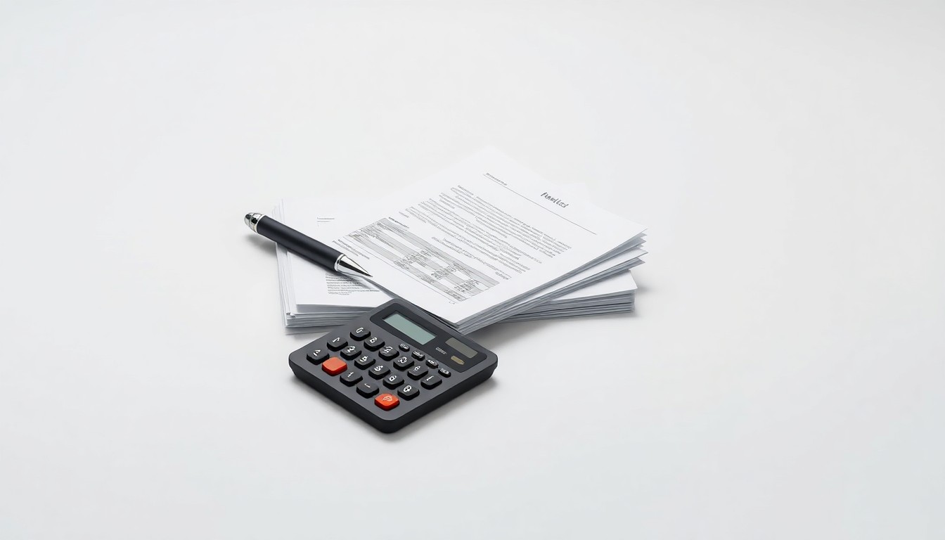 A photorealistic studio still life featuring a stack of financial documents, a pen, and a calculator arranged elegantly on a clean, monochromatic background, conveying the abstract concepts of corporate strategy and financial risk through the use of polished raw materials and dramatic lighting.