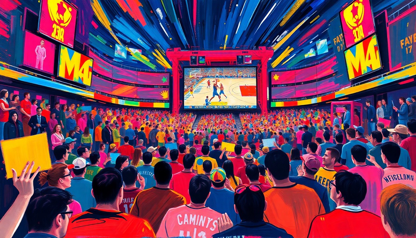 An energetic, abstract painting in neon colors depicting a large crowd of sports fans gathered around a giant video screen displaying a basketball game, capturing the excitement and community spirit of the playoff atmosphere outside an arena.
