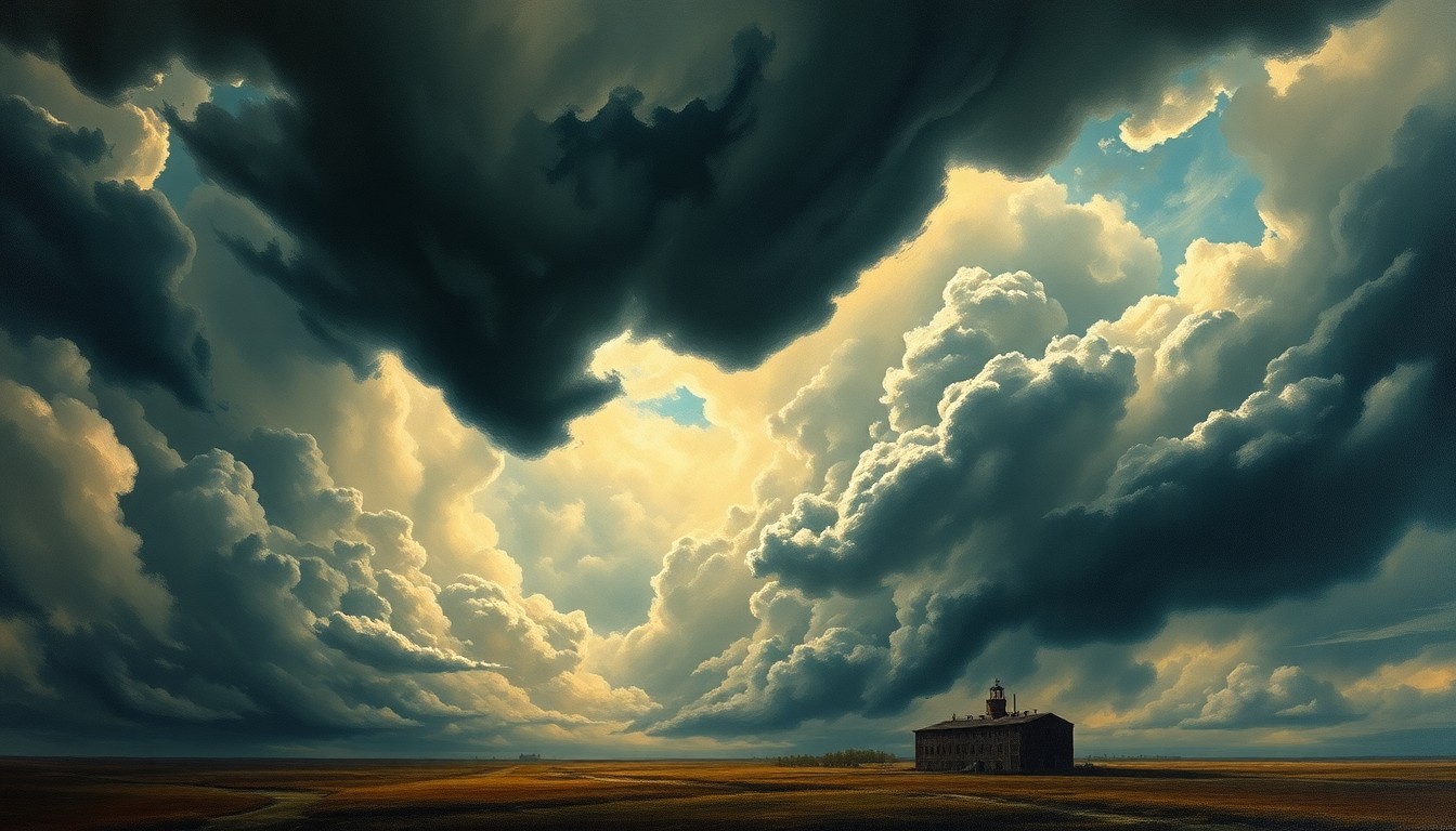 A dramatic, atmospheric landscape painting depicting a massive, turbulent sky with heavy, swirling clouds and intense backlighting, dwarfing a small, damaged factory building in the distance.
