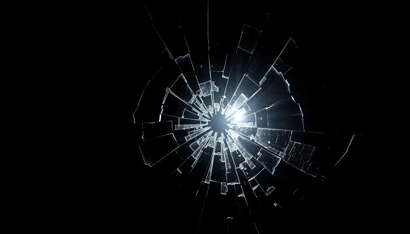 An extreme close-up photograph of shattered glass from a museum display case, lit by a harsh, direct camera flash against a pitch-black background, conveying a stark, gritty, investigative mood without words.