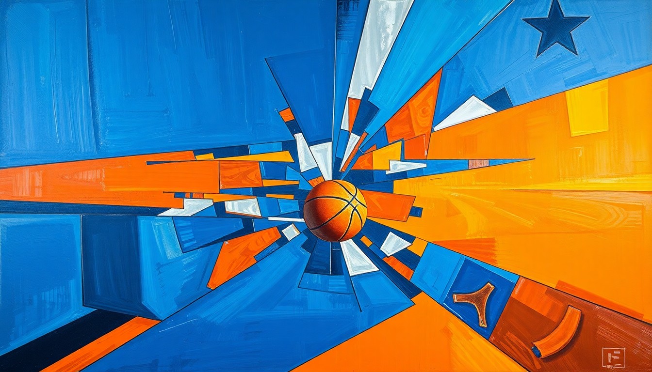 A cubist-style painting featuring sharp, overlapping geometric shapes in shades of blue, orange, and silver, conveying the intensity and movement of a basketball game.