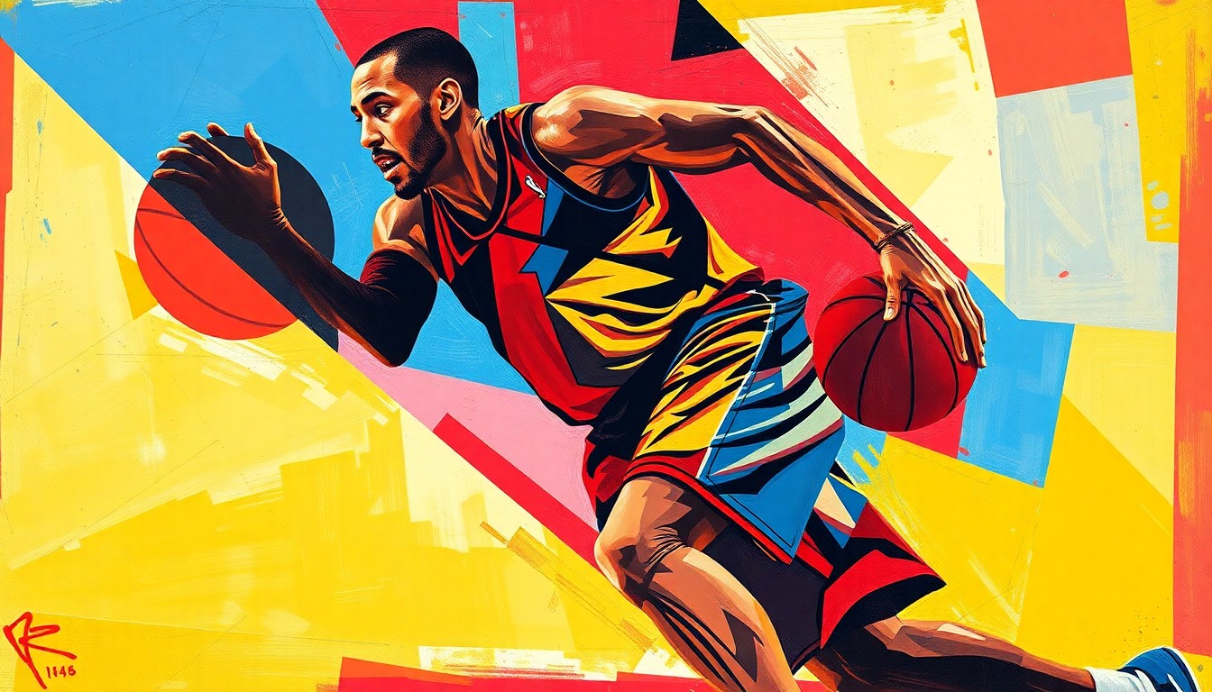 A fractured, cubist-style painting depicting a basketball player in motion, broken down into sharp, overlapping geometric shapes in a vibrant color palette of red, blue, and yellow.
