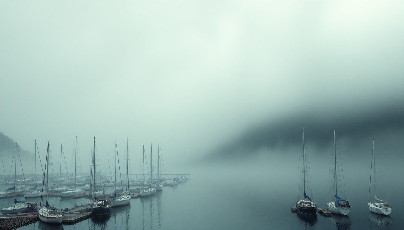 A sweeping, atmospheric landscape painting in muted tones, with docked sailboats barely visible through the heavy fog, conveying a sense of the overwhelming power of nature.