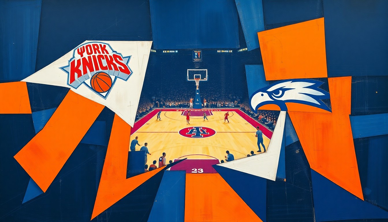 A fragmented, geometric painting depicting a basketball game between two teams, with sharp planes of navy blue, orange, and white overlapping to create a dynamic, abstract composition.