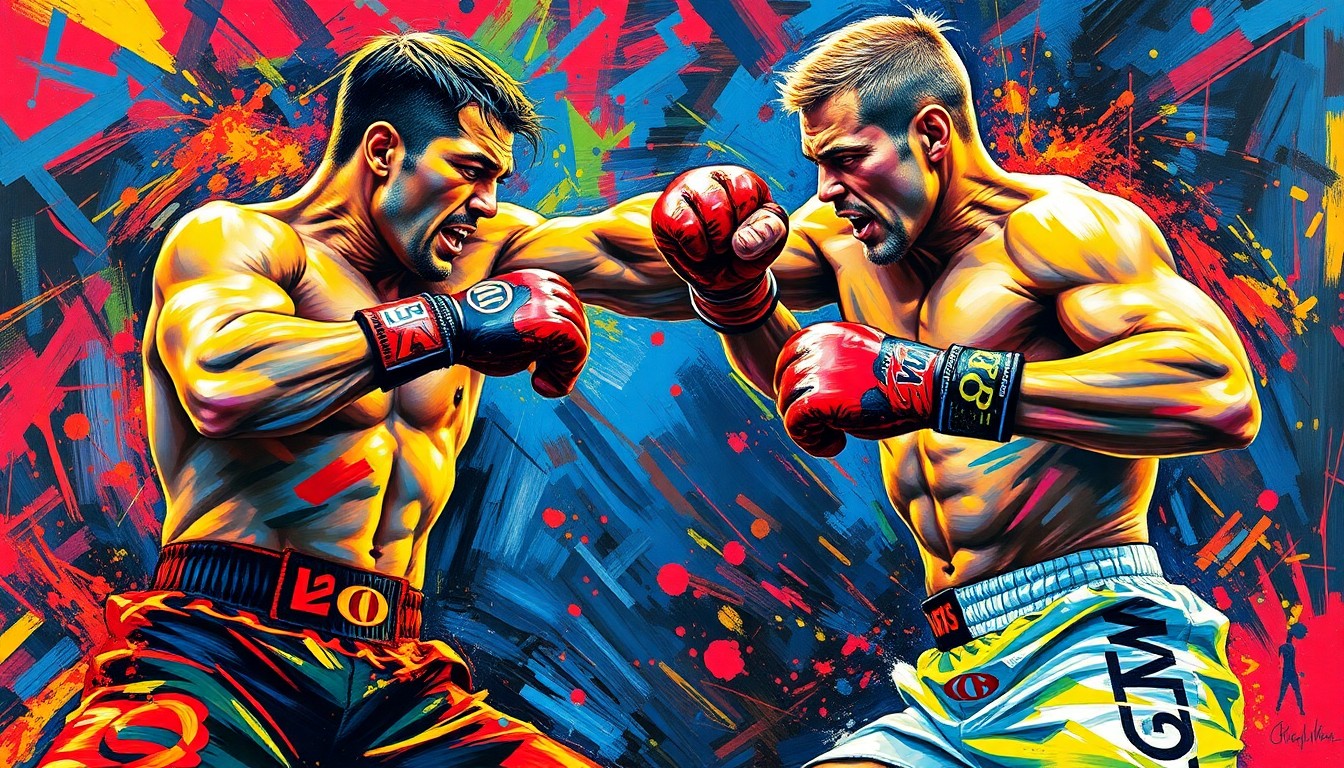An abstract, energetic painting featuring bold, neon-colored brushstrokes that capture the intense physicality and motion of two MMA fighters engaged in combat, conceptually representing the excitement and drama of the upcoming UFC 329 event.